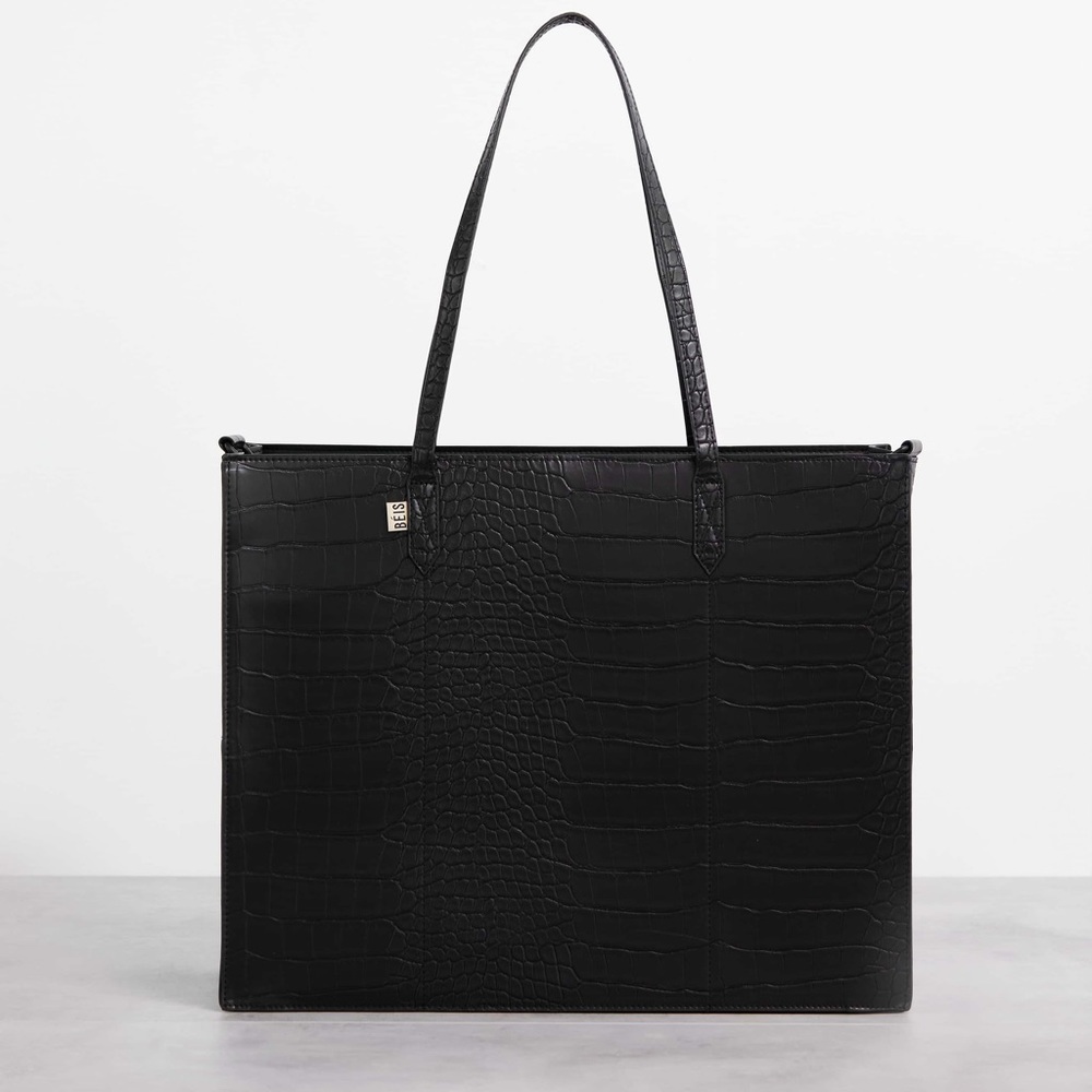 NWT Beis Large Work Tote in black croc
